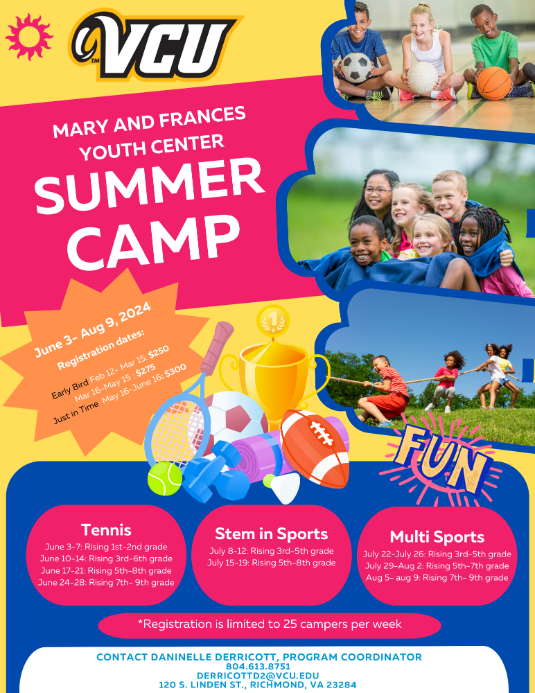 Graphic Poster outlining youth summer camps at MFYC